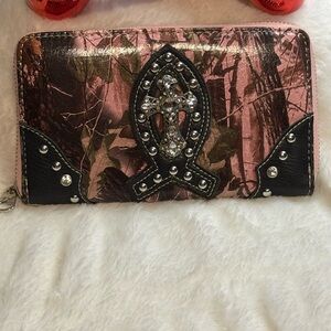 Women's Pink and Black Studded Wallet